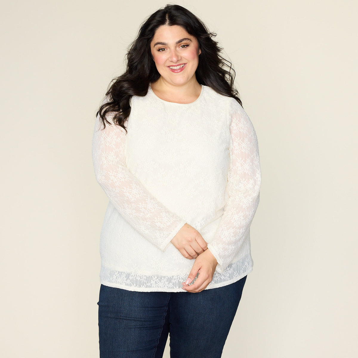 Lace Satin Trim Long Sleeve Knit Top