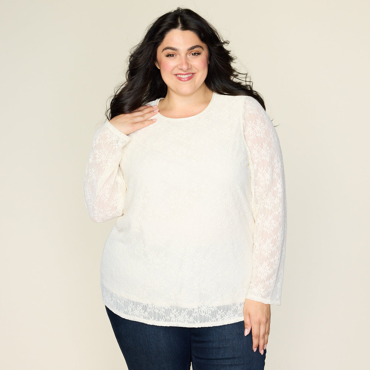Lace Satin Trim Long Sleeve Knit Top