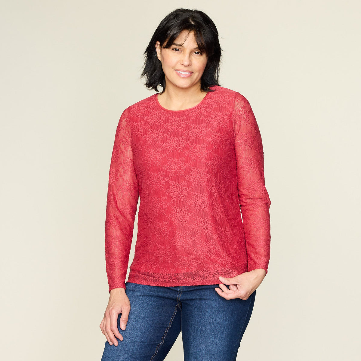 Lace Satin Trim Long Sleeve Knit Top
