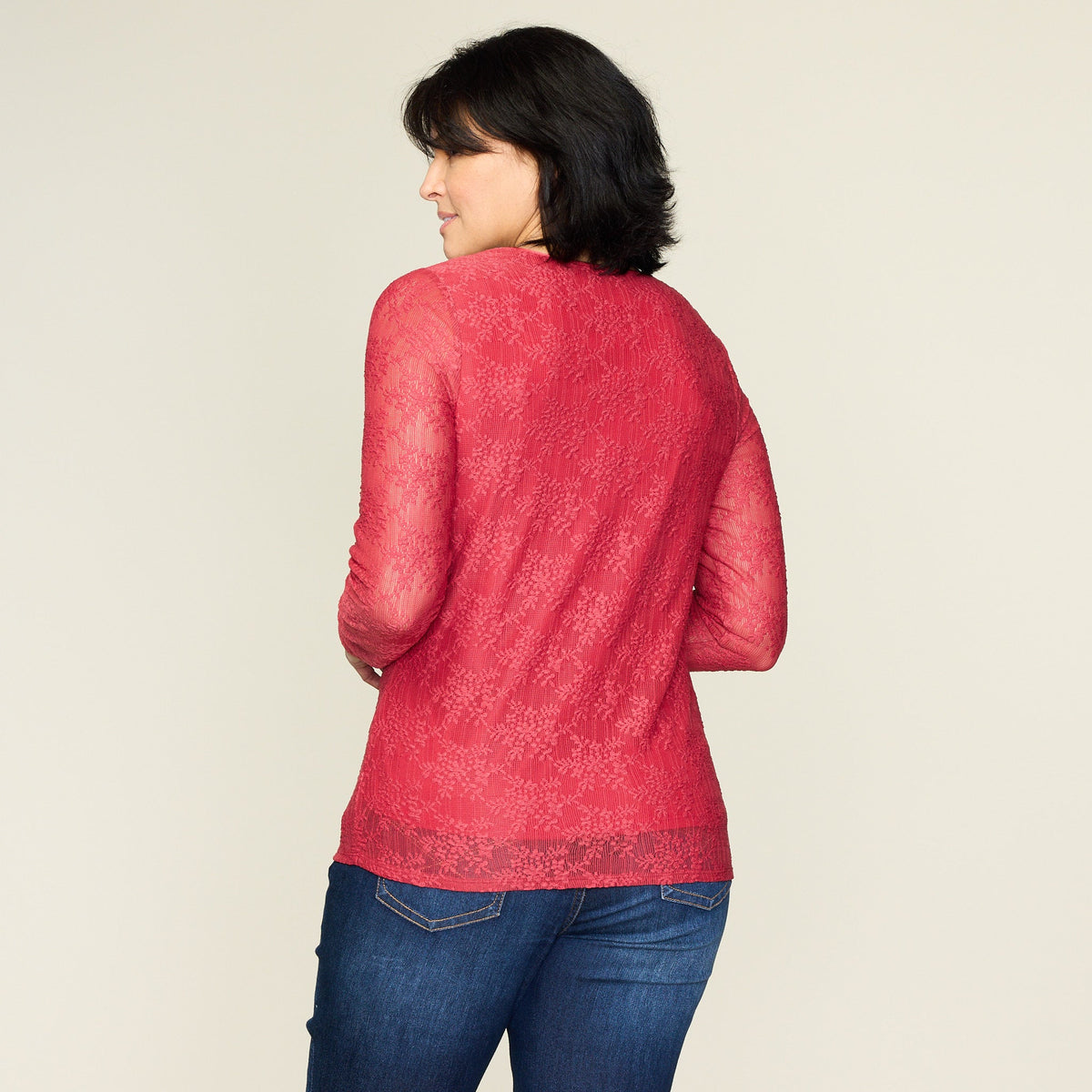 Lace Satin Trim Long Sleeve Knit Top