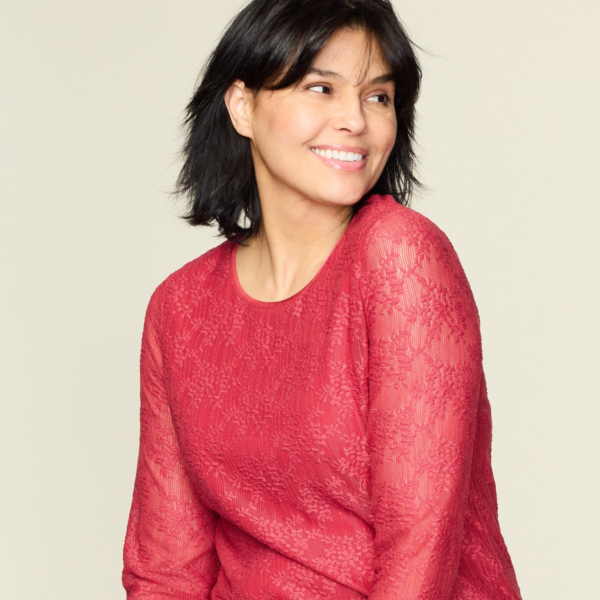 Lace Satin Trim Long Sleeve Knit Top