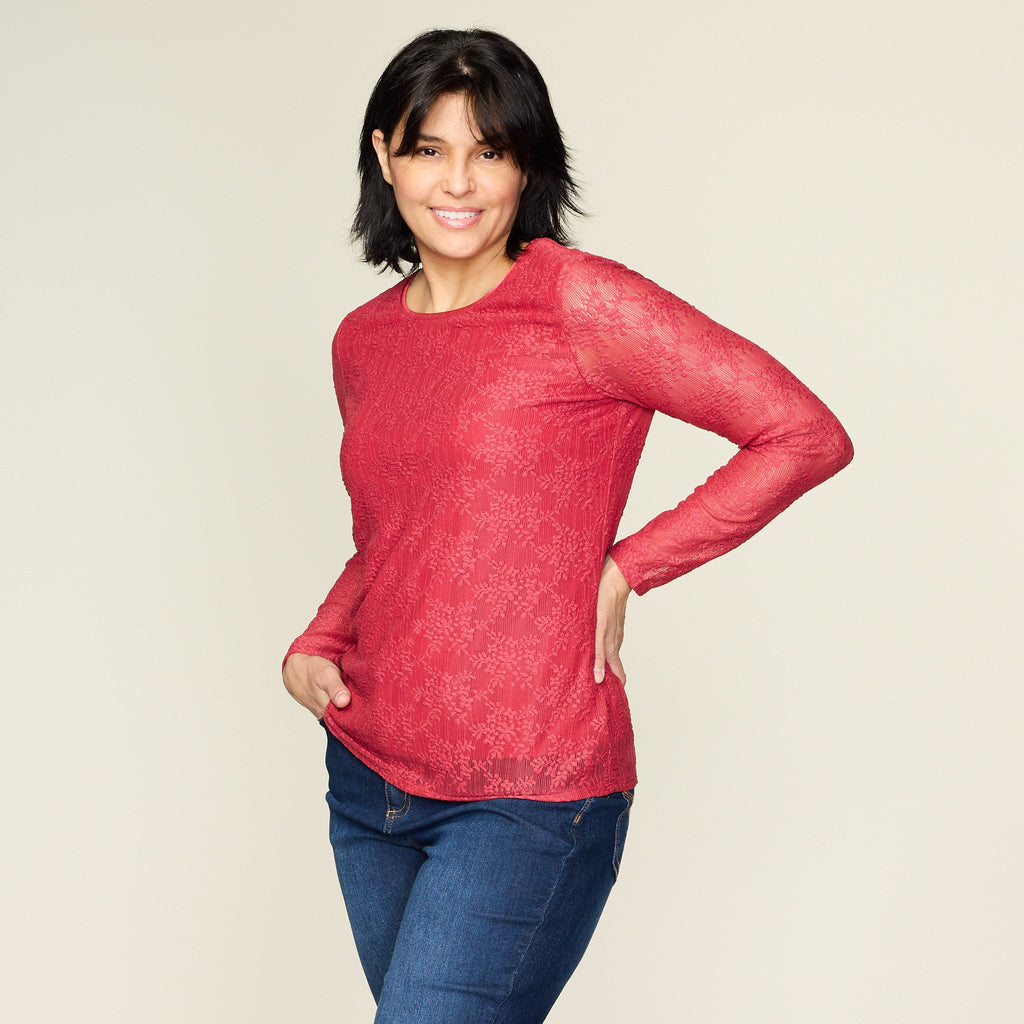 Lace Satin Trim Long Sleeve Knit Top