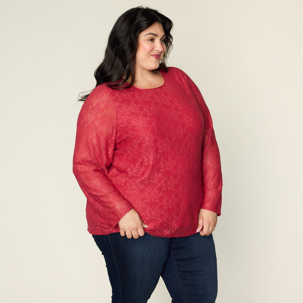 Lace Satin Trim Long Sleeve Knit Top