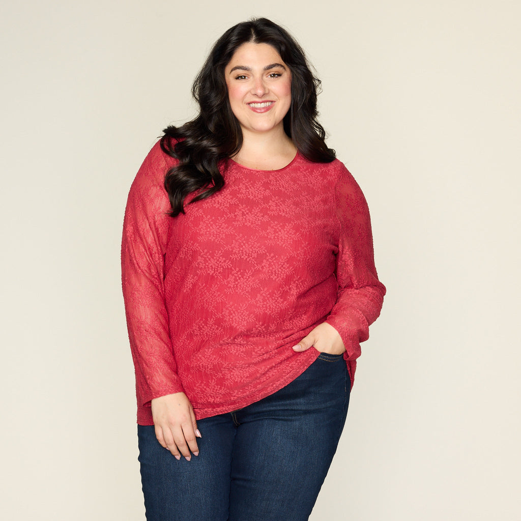 Lace Satin Trim Long Sleeve Knit Top