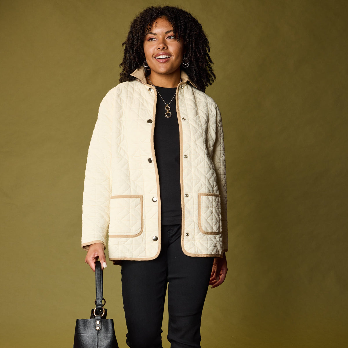 Contrast Trim Quilted Knit Snap Front Jacket