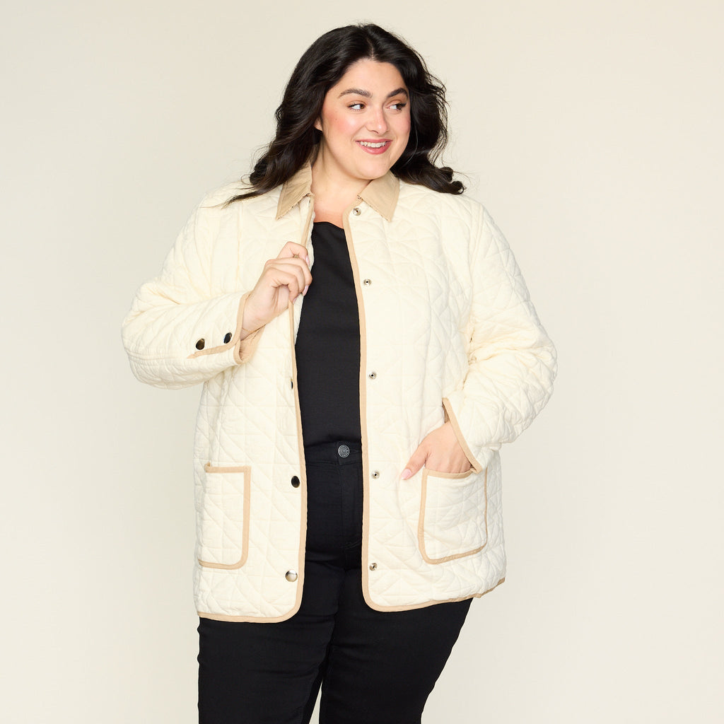 Contrast Trim Quilted Knit Snap Front Jacket