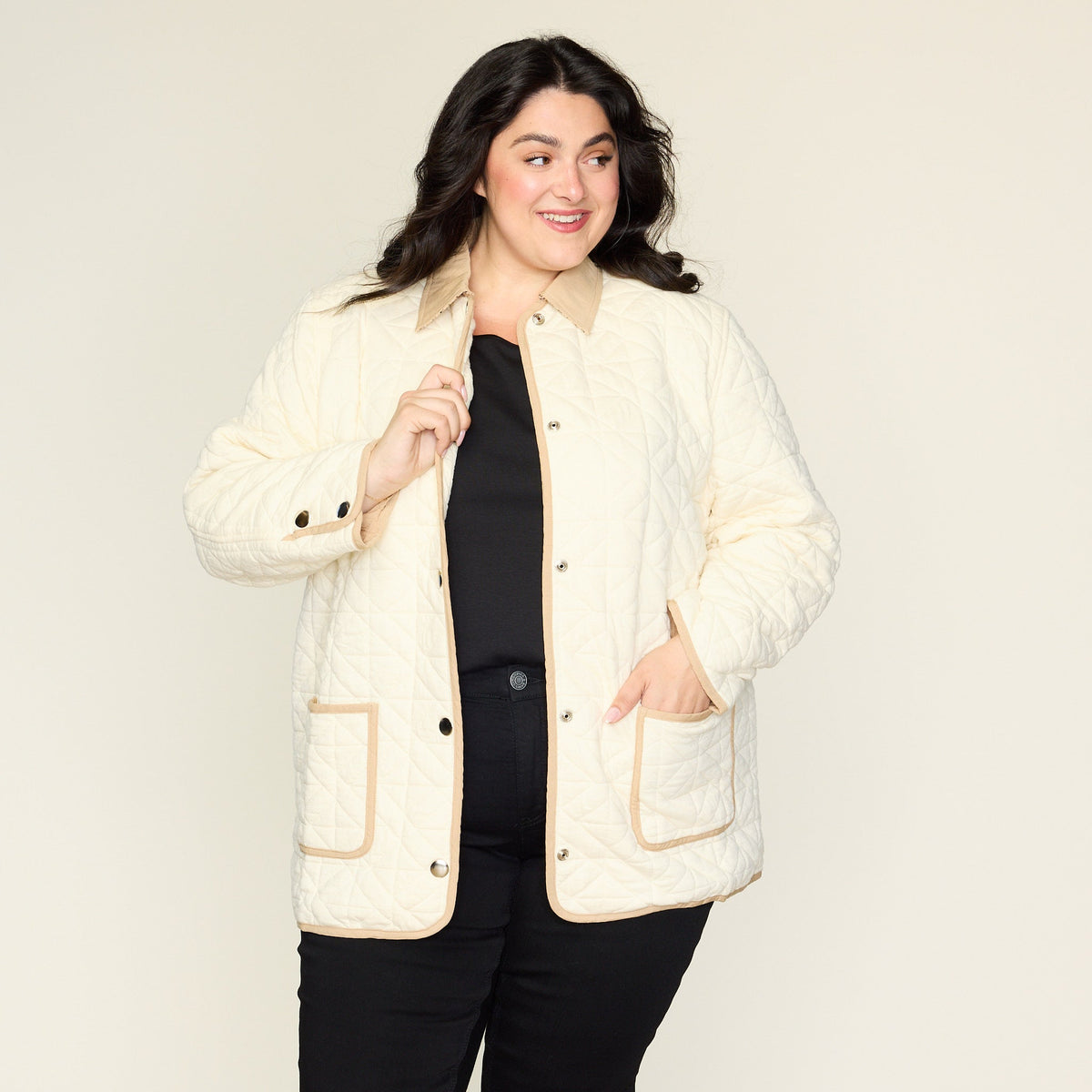 Contrast Trim Quilted Knit Snap Front Jacket