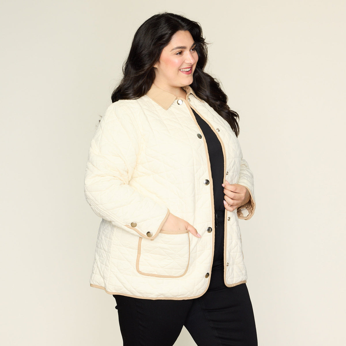 Contrast Trim Quilted Knit Snap Front Jacket