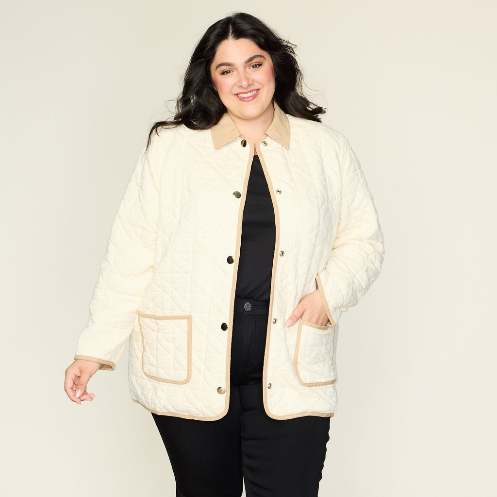 Contrast Trim Quilted Knit Snap Front Jacket