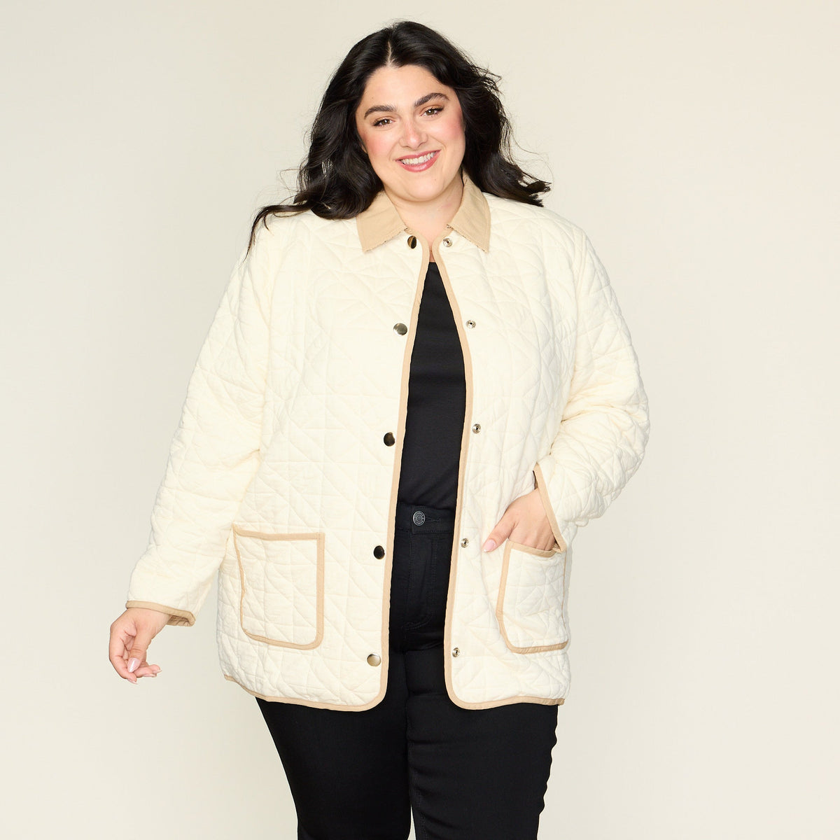 Contrast Trim Quilted Knit Snap Front Jacket