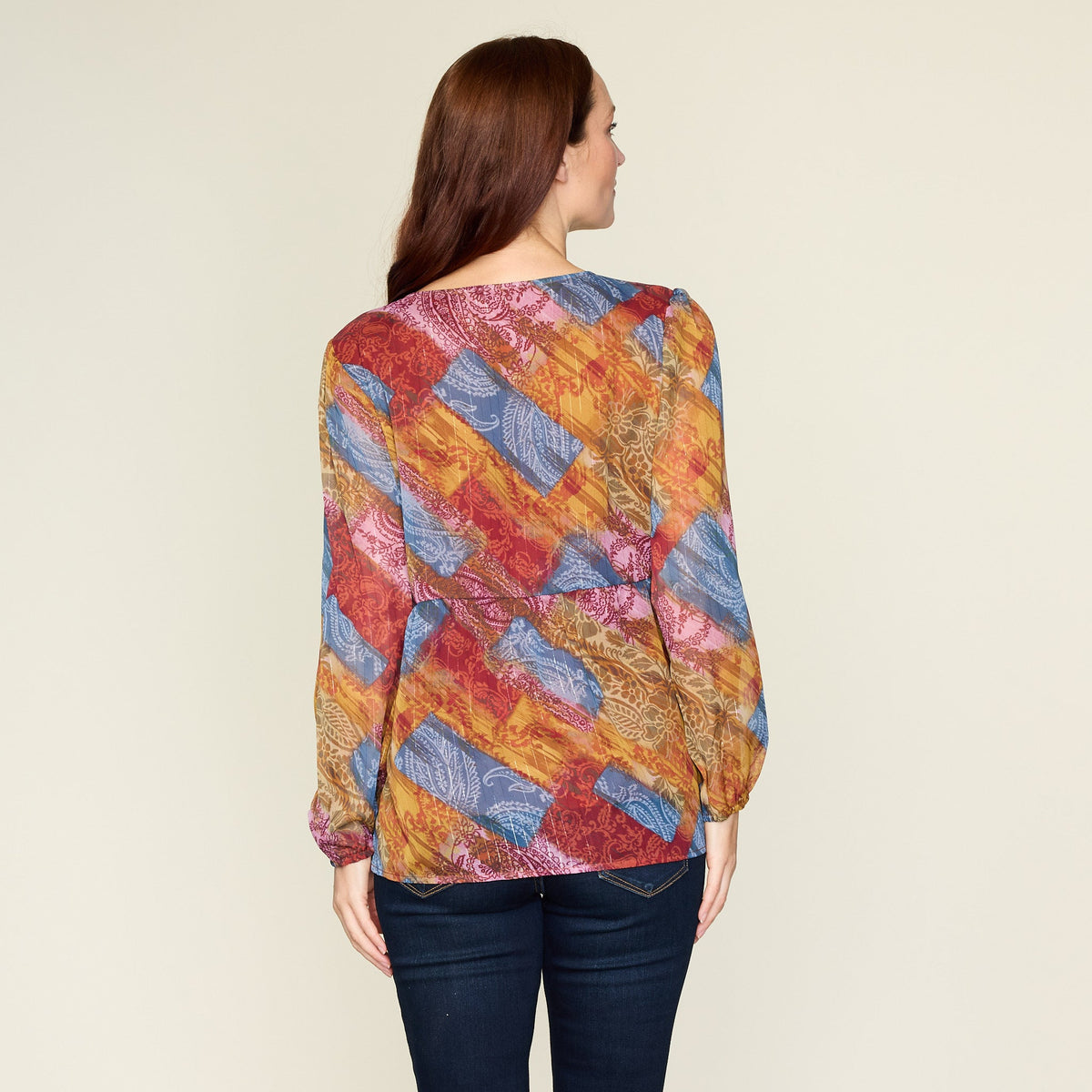 Metallic Patchwork Print Peplum Blouse