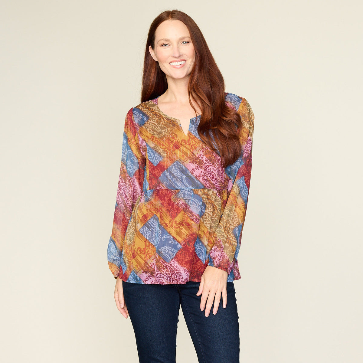 Metallic Patchwork Print Peplum Blouse