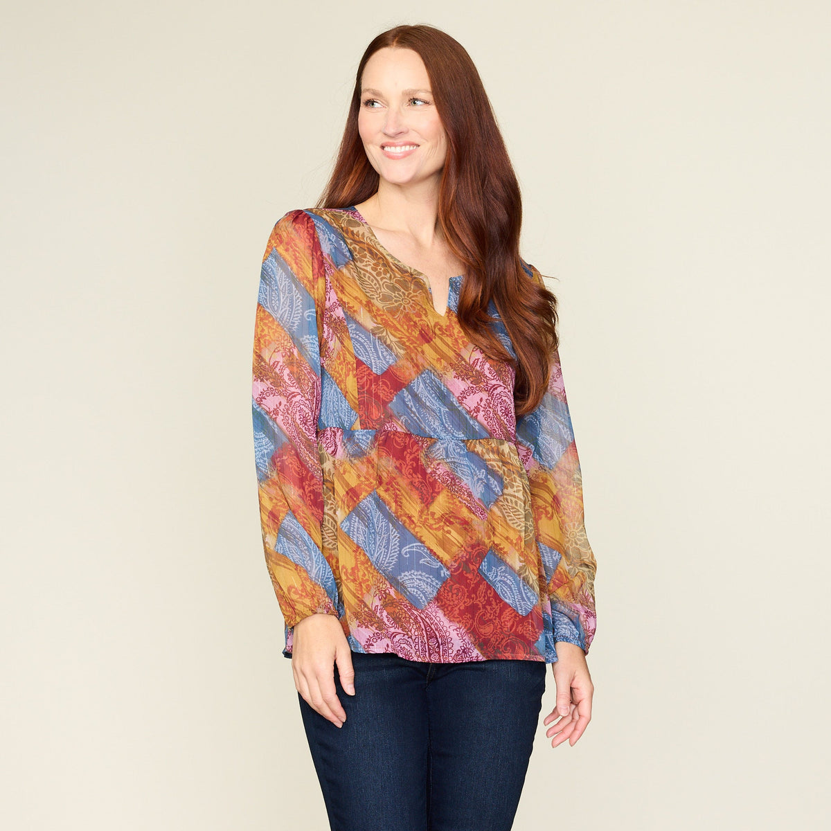 Metallic Patchwork Print Peplum Blouse
