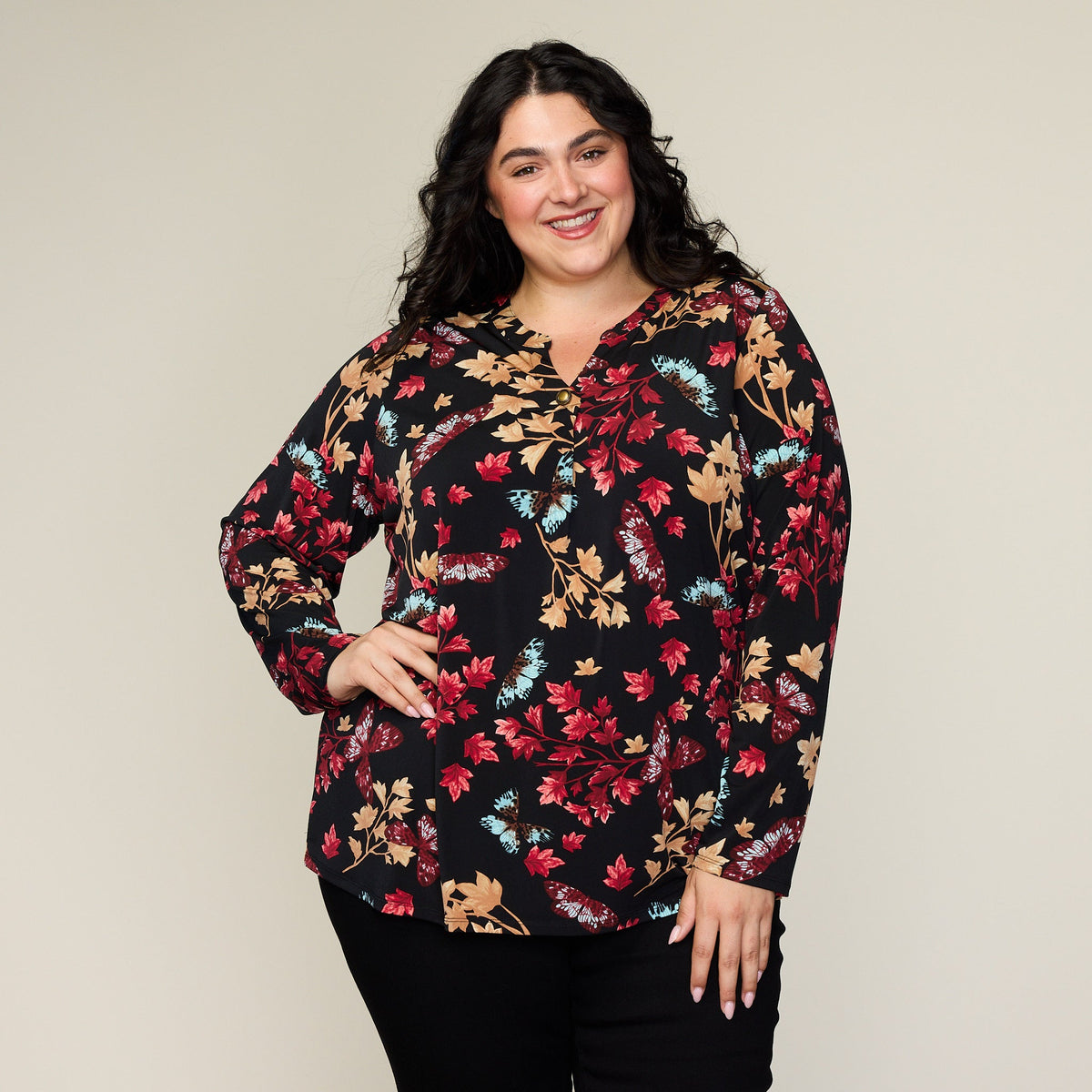 Butterfly Print Button Detail V Neck Top