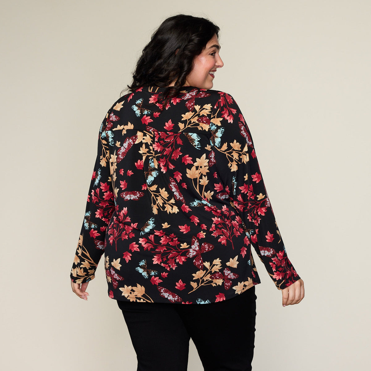 Butterfly Print Button Detail V Neck Top