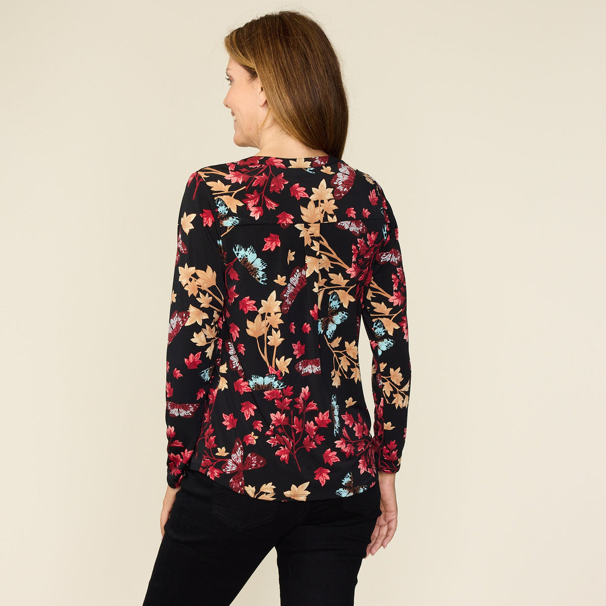 Butterfly Print Button Detail V Neck Top