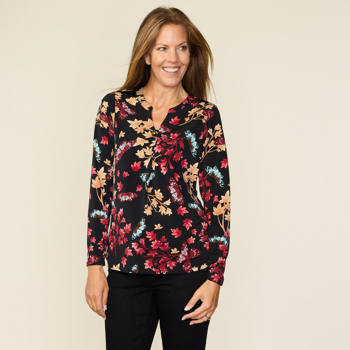 Butterfly Print Button Detail V Neck Top
