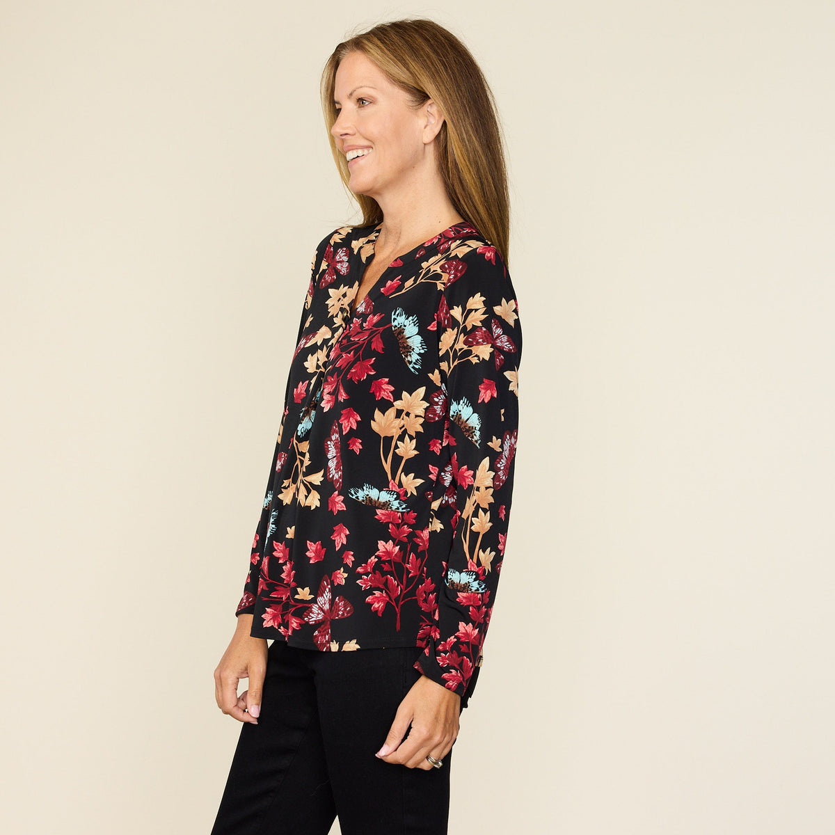 Butterfly Print Button Detail V Neck Top