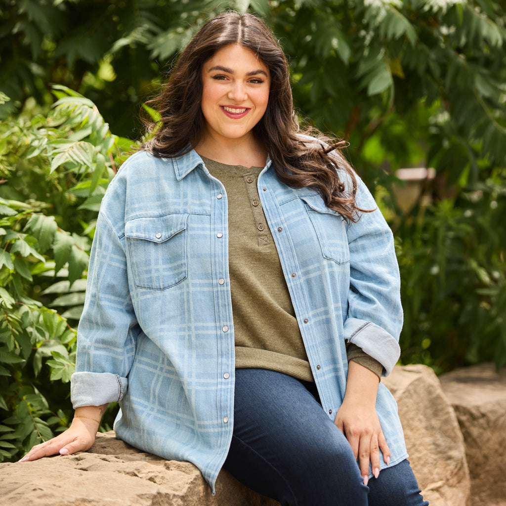 Plaid Print Snap Front Denim Shirt Jacket