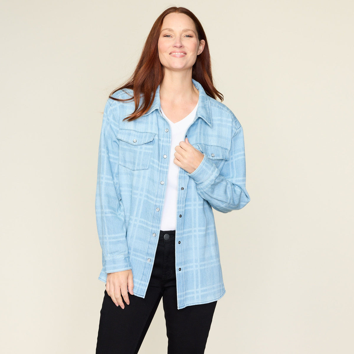 Plaid Print Snap Front Denim Shirt Jacket