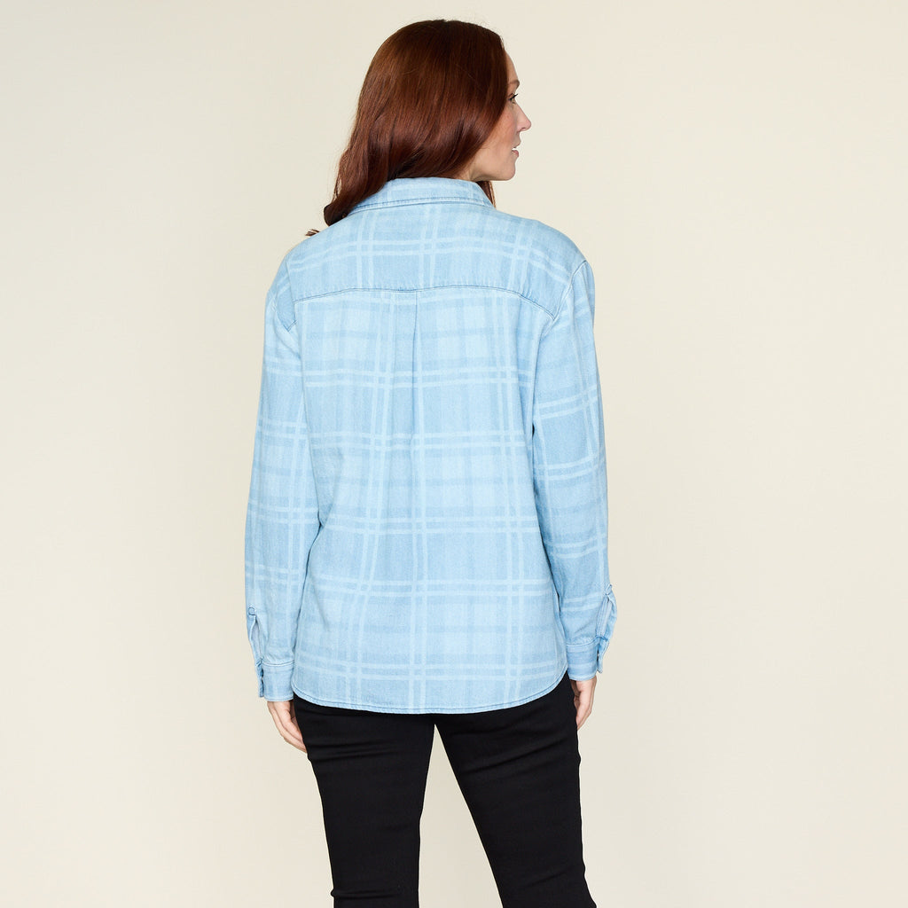 Plaid Print Snap Front Denim Shirt Jacket