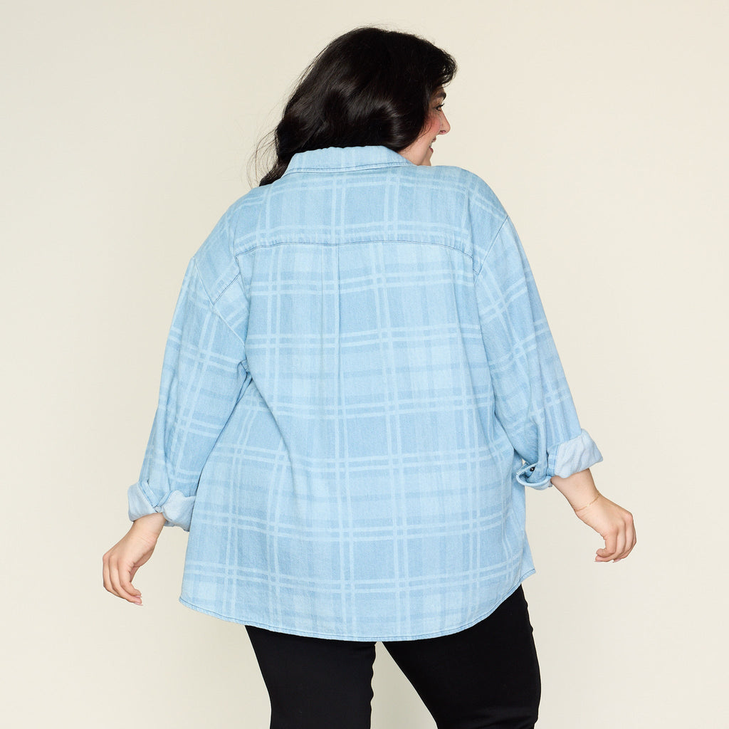 Plaid Print Snap Front Denim Shirt Jacket