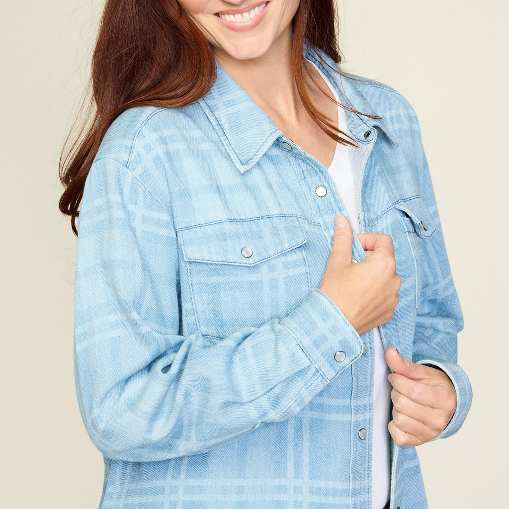 Plaid Print Snap Front Denim Shirt Jacket