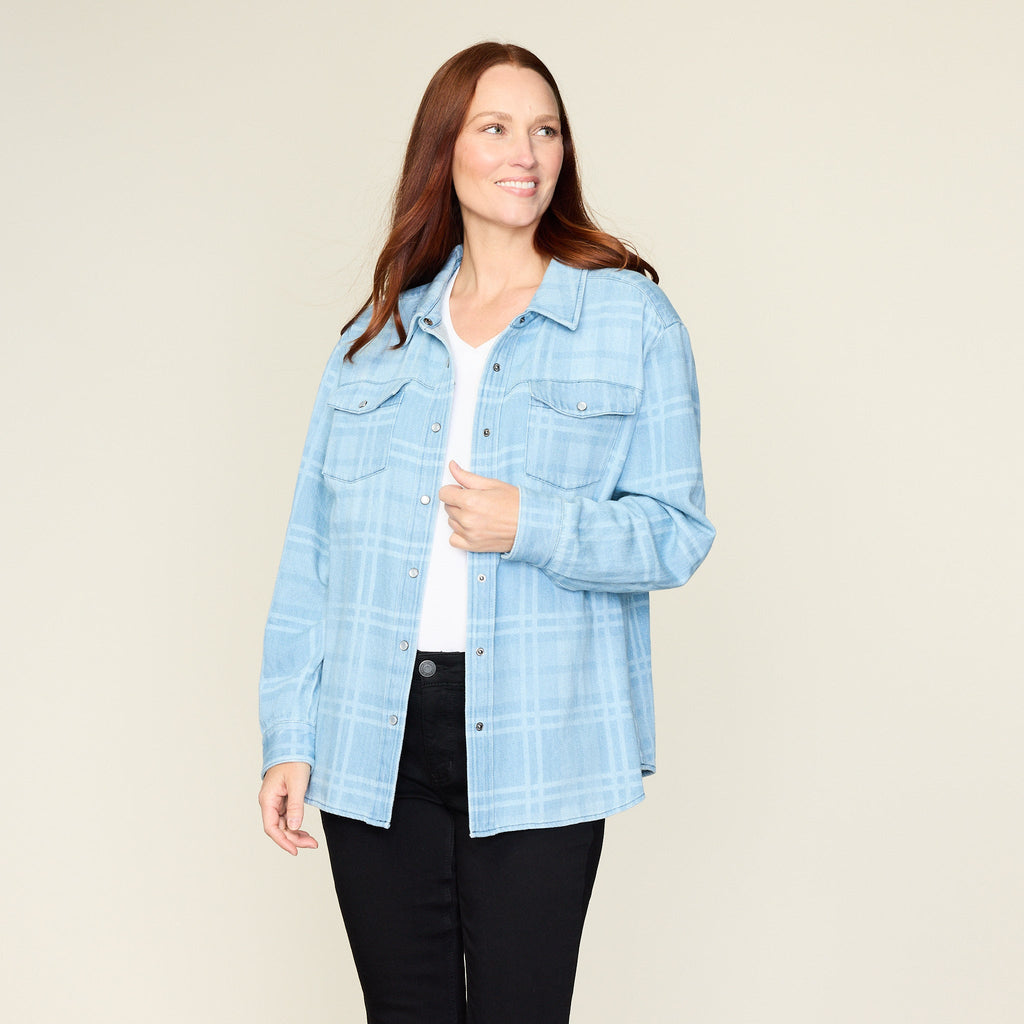 Plaid Print Snap Front Denim Shirt Jacket
