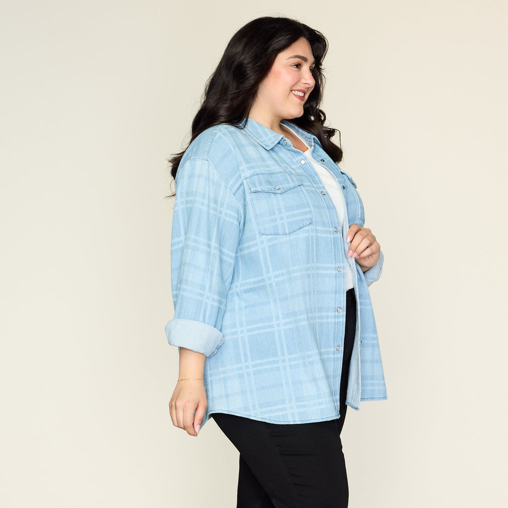 Plaid Print Snap Front Denim Shirt Jacket