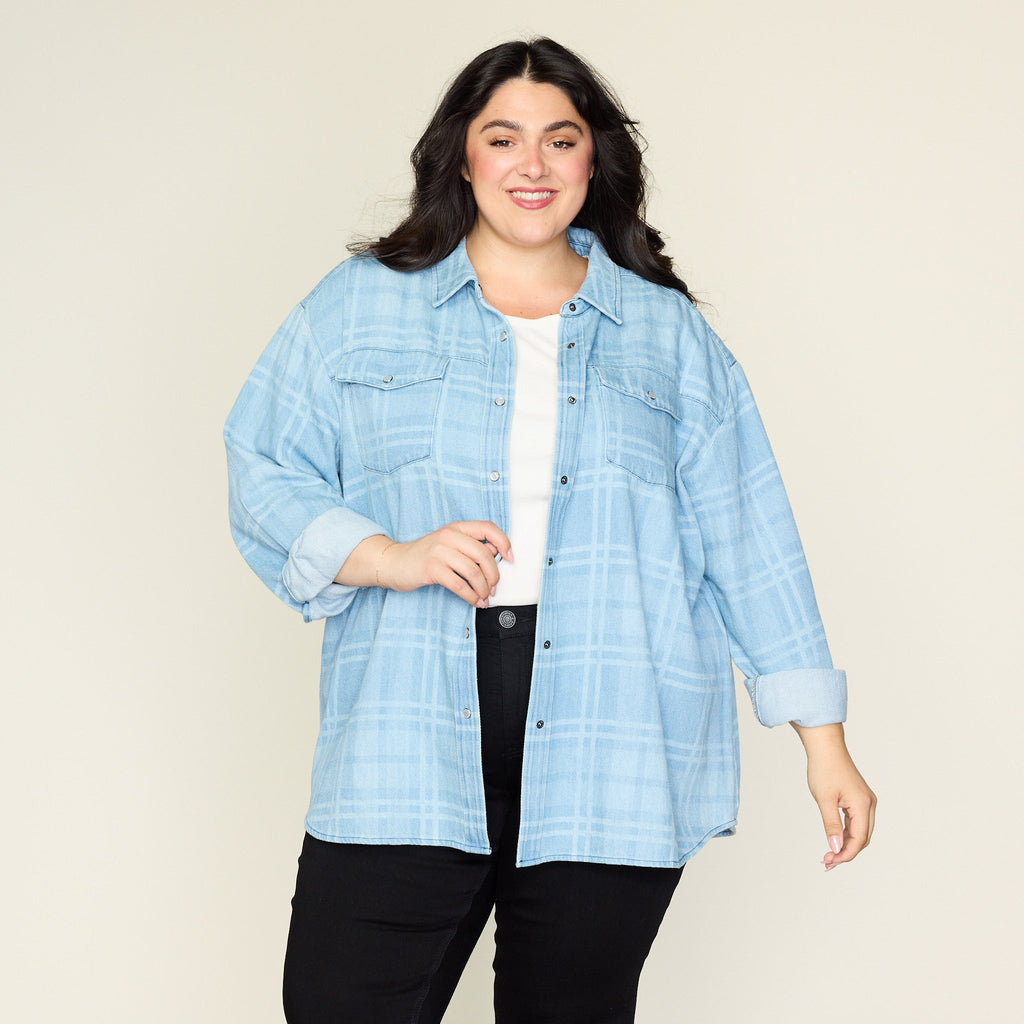 Plaid Print Snap Front Denim Shirt Jacket