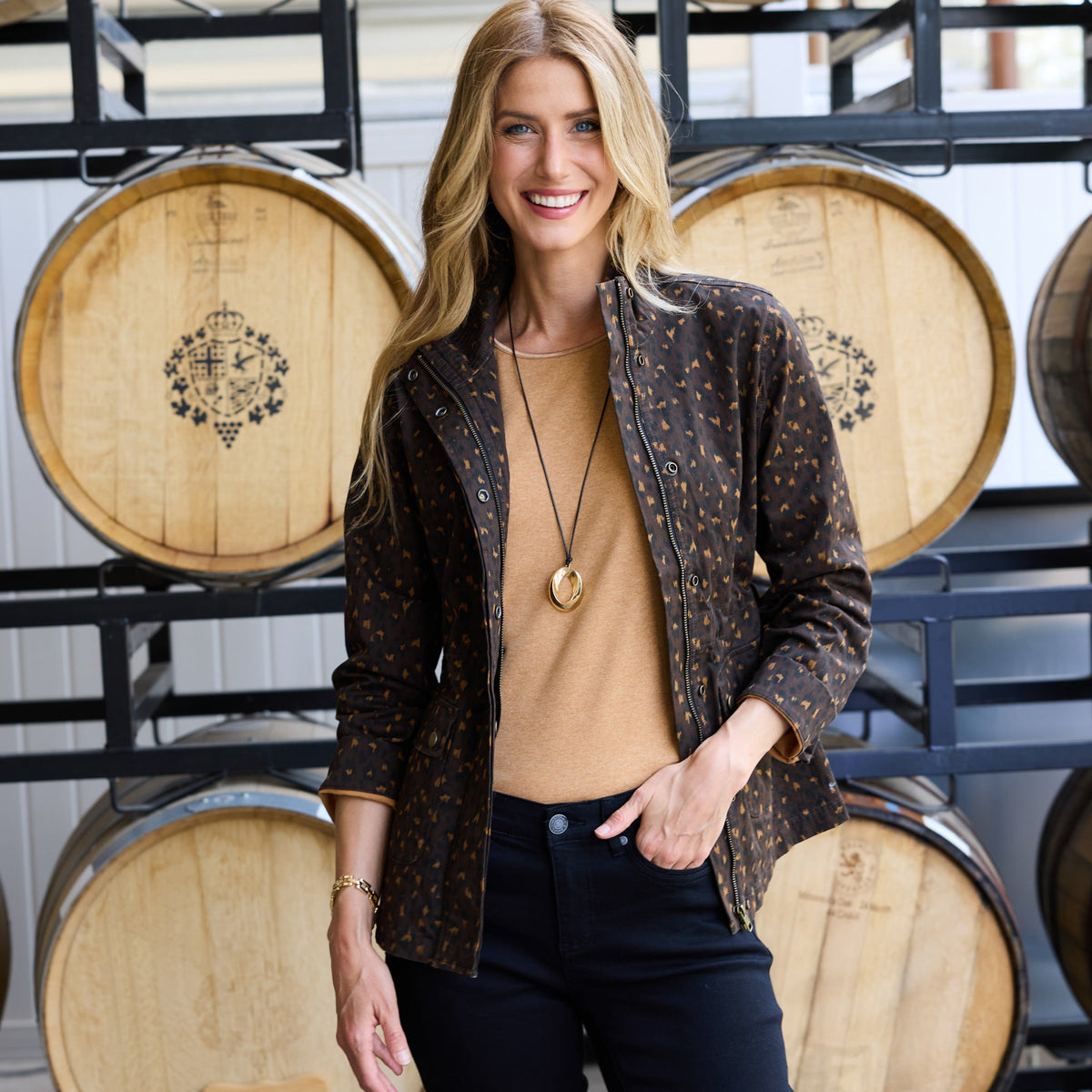 Shaved Chocolate Animal Print Stretch Twill Anorak Jacket