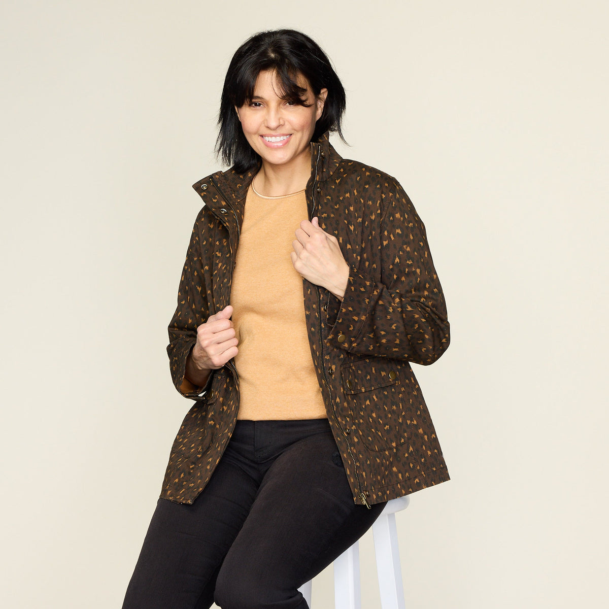 Shaved Chocolate Animal Print Stretch Twill Anorak Jacket