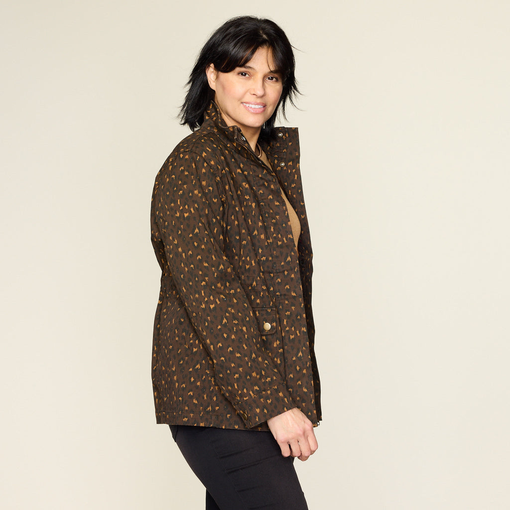 Shaved Chocolate Animal Print Stretch Twill Anorak Jacket