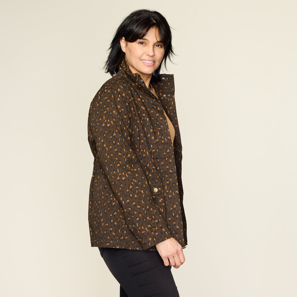 Shaved Chocolate Animal Print Stretch Twill Anorak Jacket