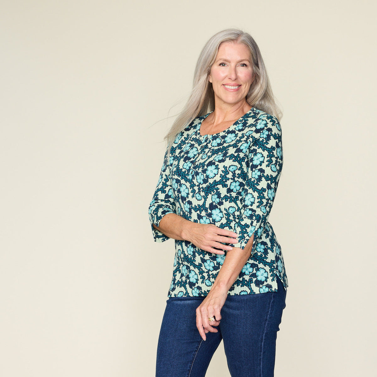 Floral Print Seersucker Henley Tee