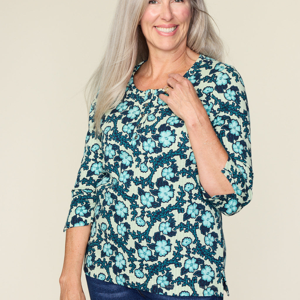 Floral Print Seersucker Henley Tee