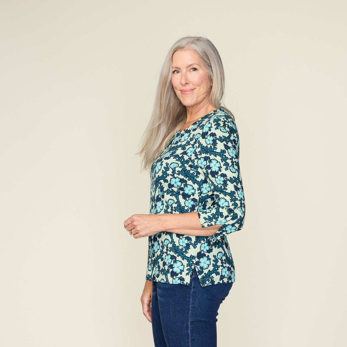 Floral Print Seersucker Henley Tee