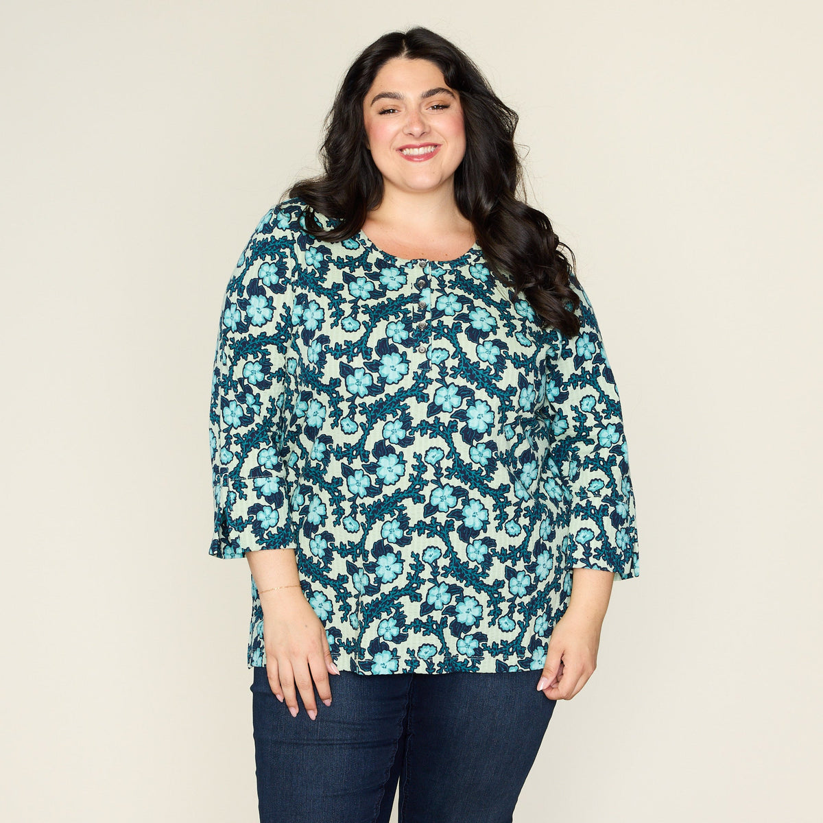Floral Print Seersucker Henley Tee