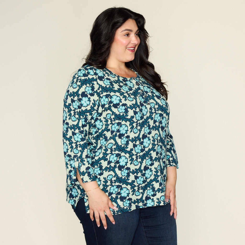 Floral Print Seersucker Henley Tee