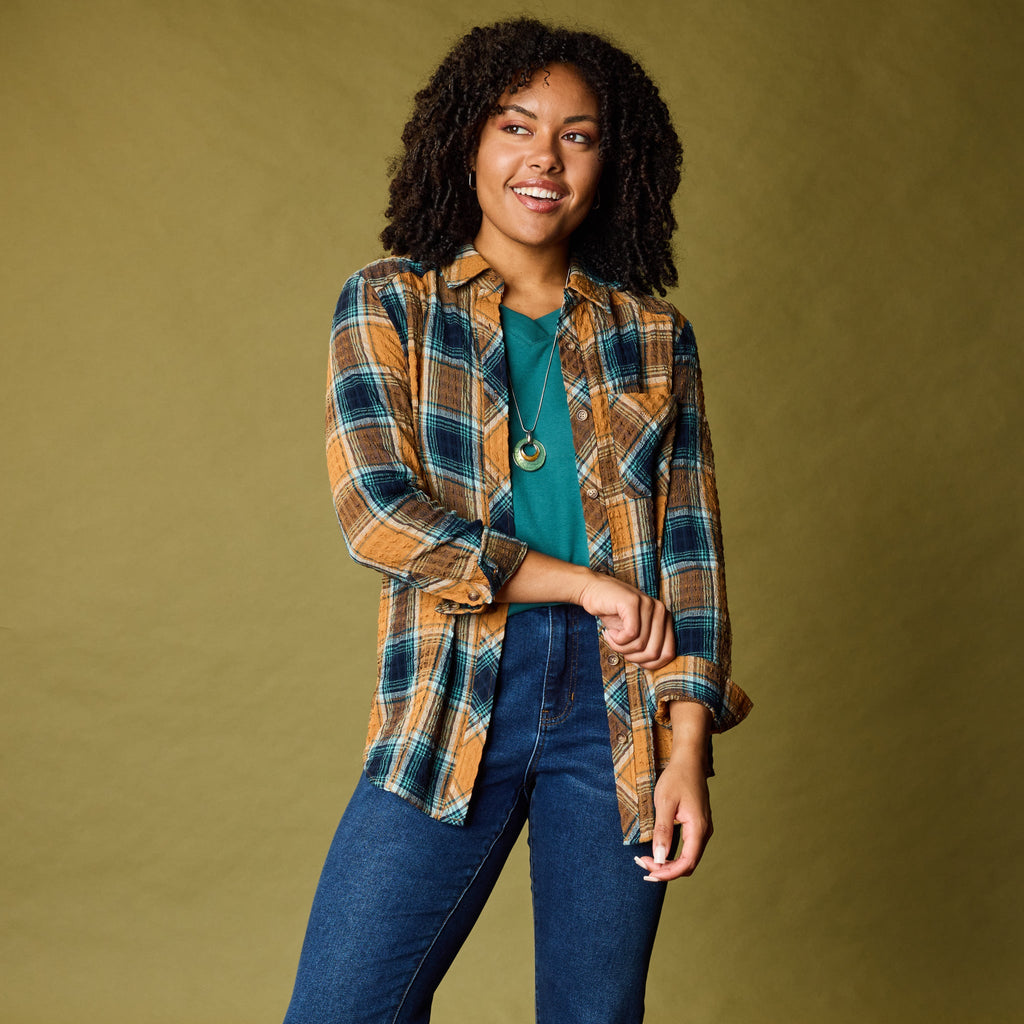 Brown Sugar Crinkle Plaid Button Front Shirt