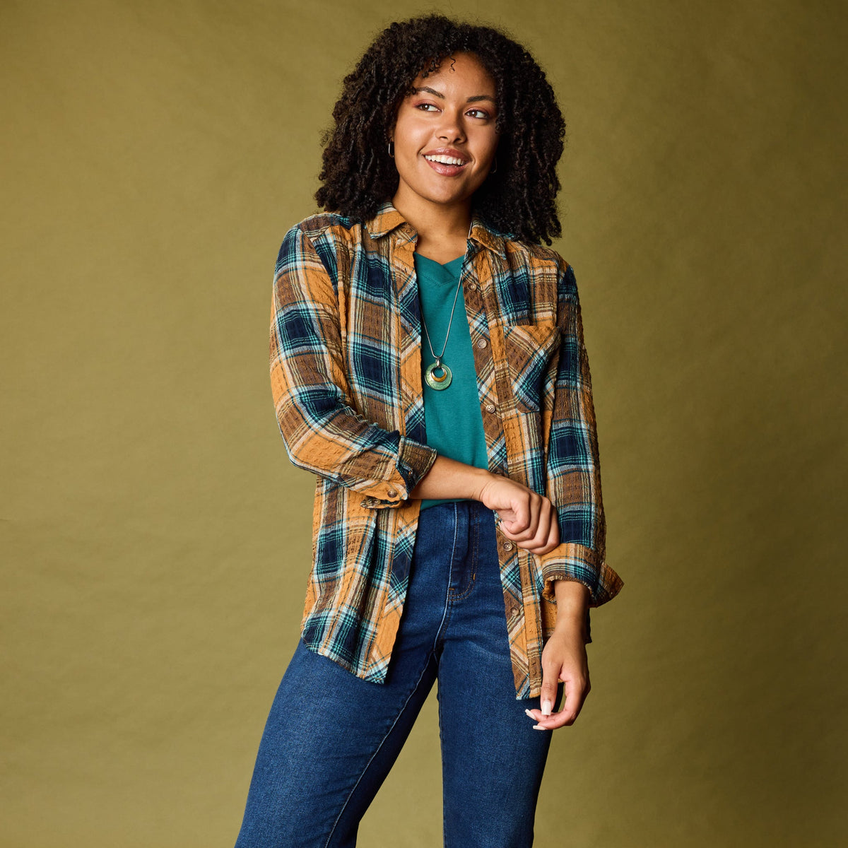 Brown Sugar Crinkle Plaid Button Front Shirt