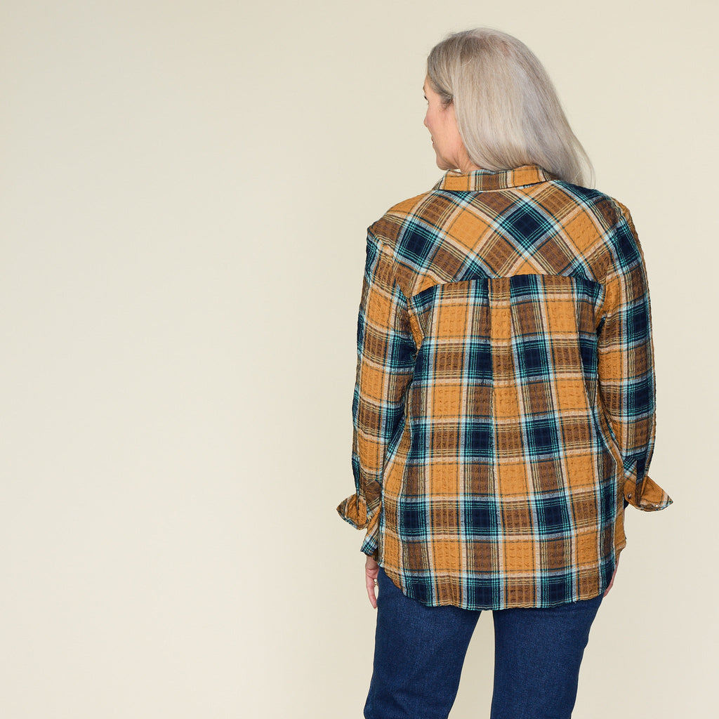Brown Sugar Crinkle Plaid Button Front Shirt
