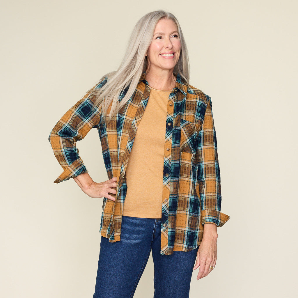 Brown Sugar Crinkle Plaid Button Front Shirt