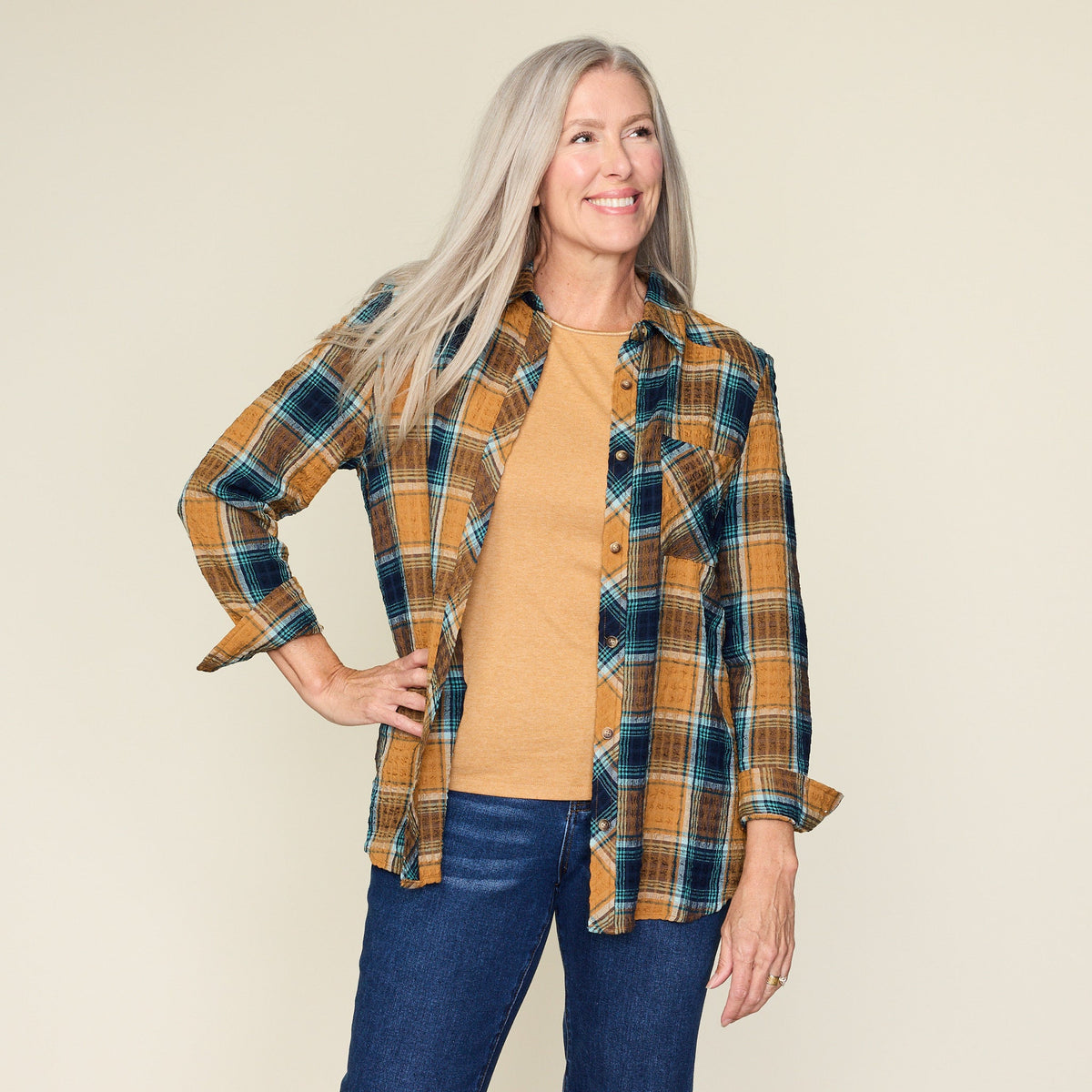 Brown Sugar Crinkle Plaid Button Front Shirt