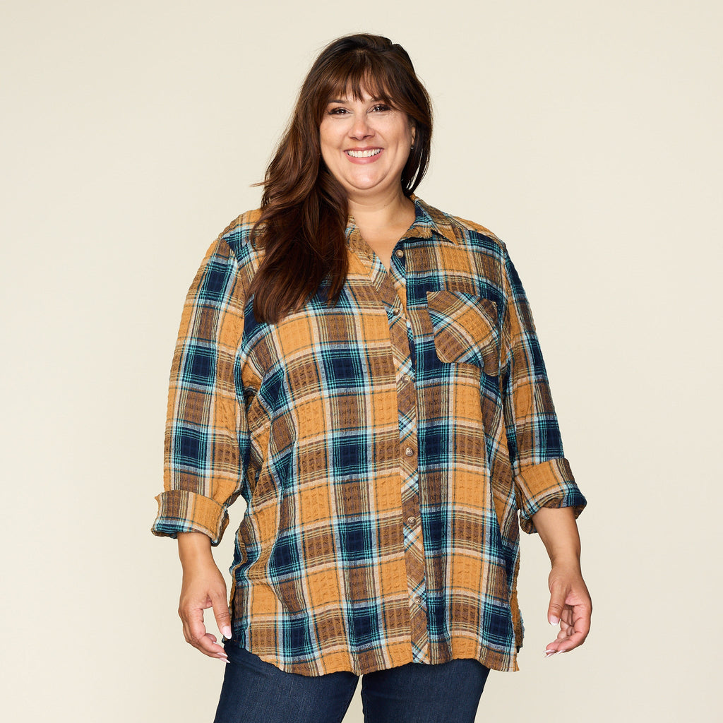 Brown Sugar Crinkle Plaid Button Front Shirt