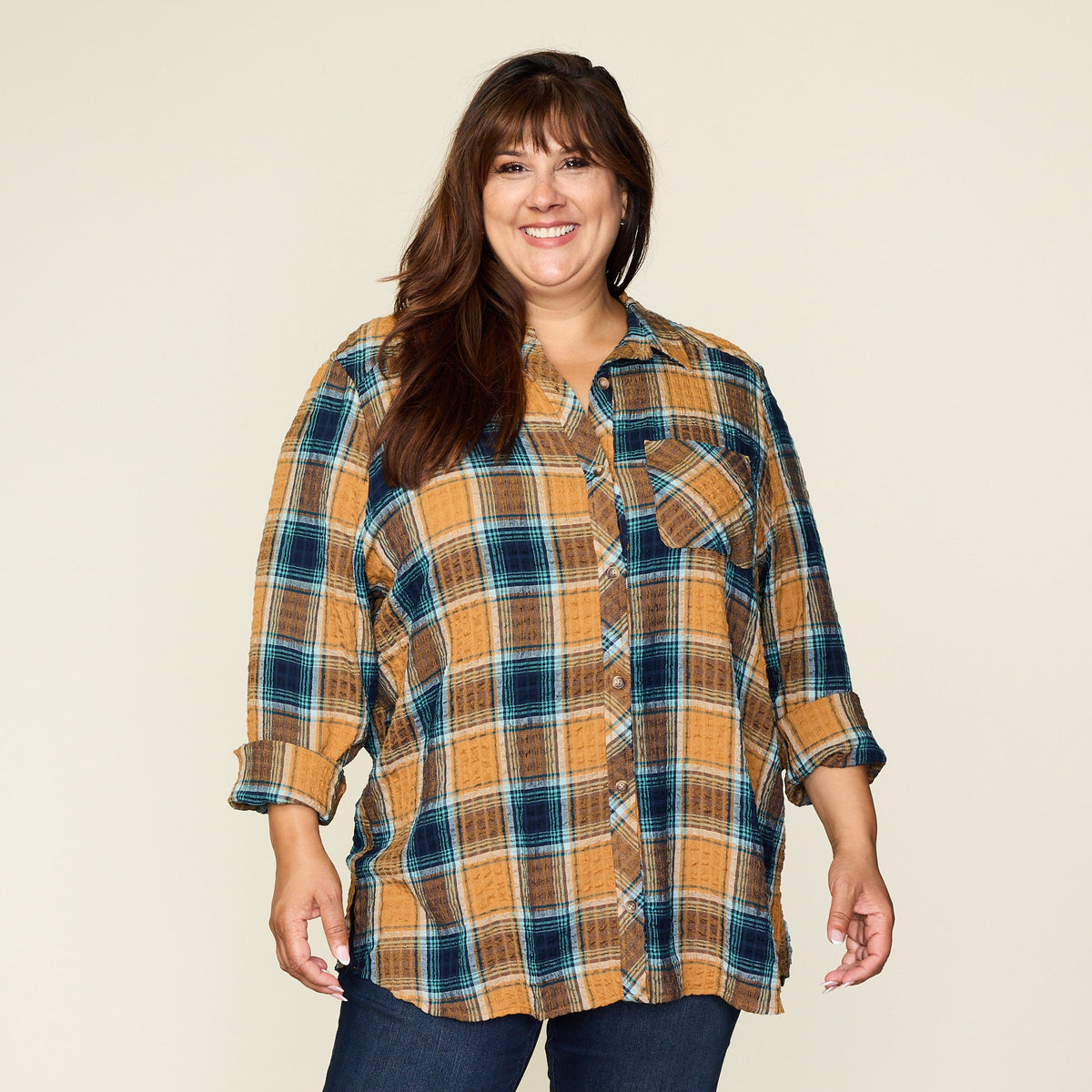 Brown Sugar Crinkle Plaid Button Front Shirt