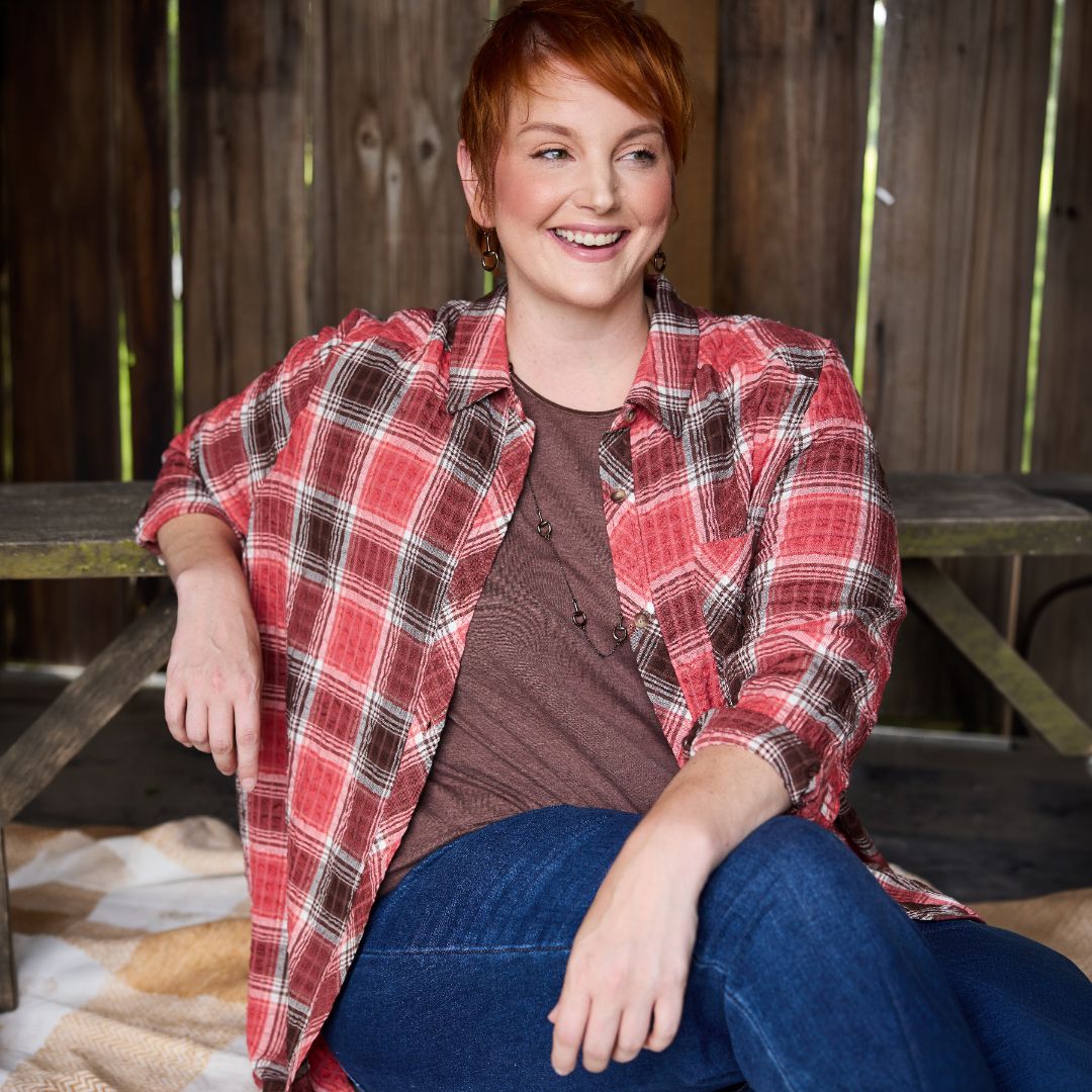 Mineral Red Crinkle Plaid Button Front Shirt