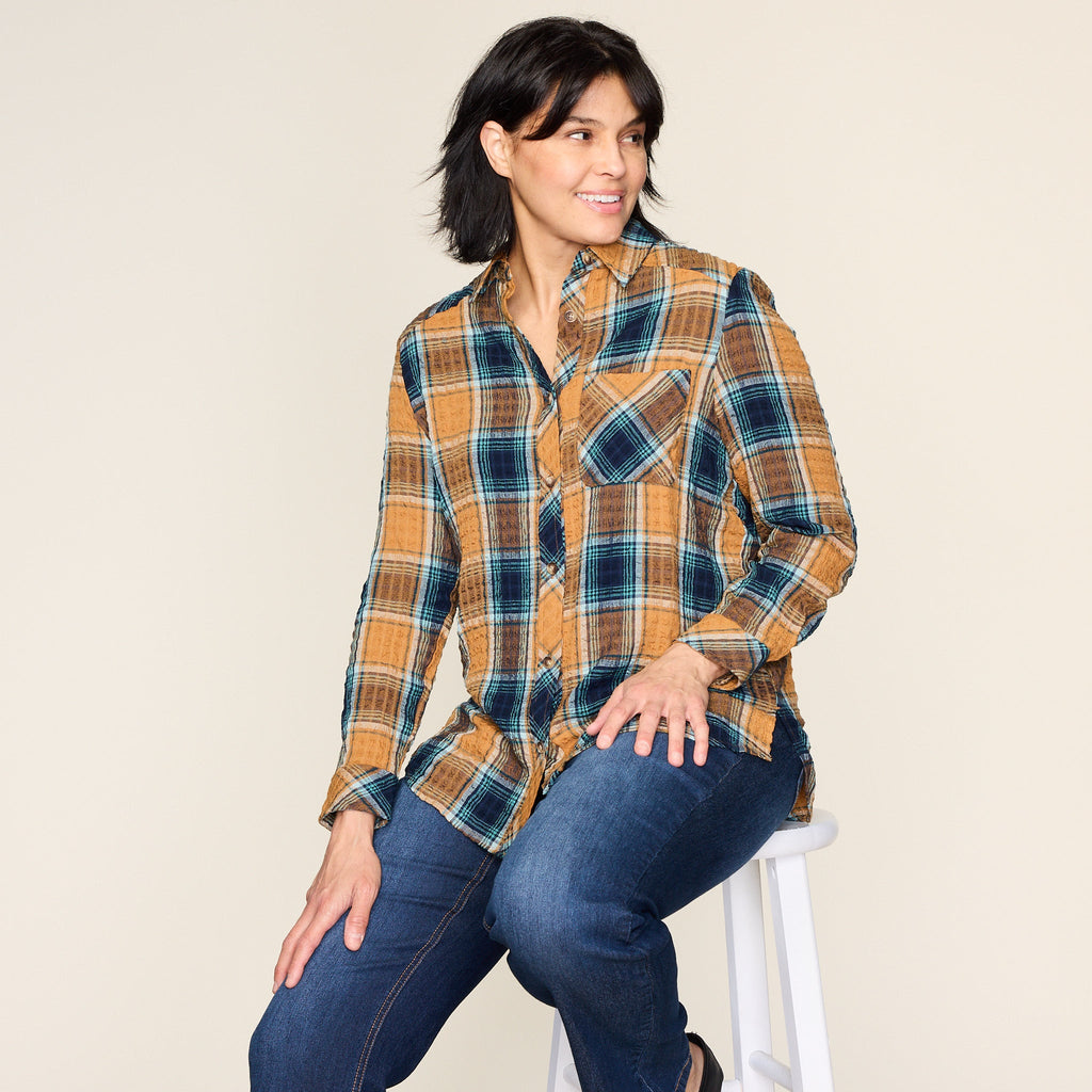 Brown Sugar Crinkle Plaid Button Front Shirt