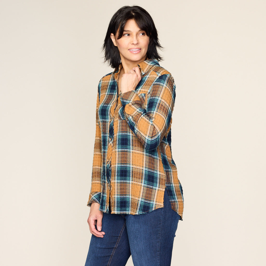 Brown Sugar Crinkle Plaid Button Front Shirt