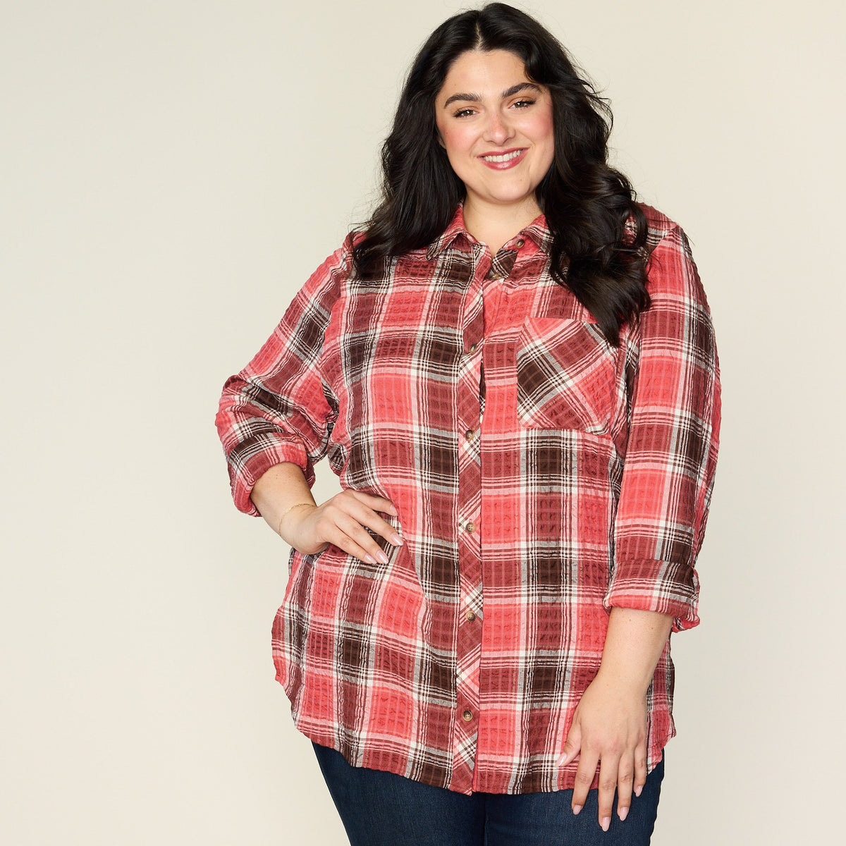 Mineral Red Crinkle Plaid Button Front Shirt